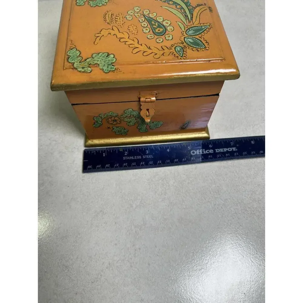 VTG Hand-Painted Wood Box 1960s Floral Paisley Trinket Chest Boho Decor